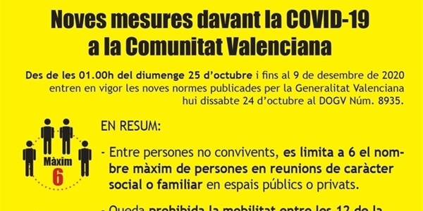 Noves mesures davant la COVID-19  a la Comunitat Valenciana des d'esta nit a les 01.00h