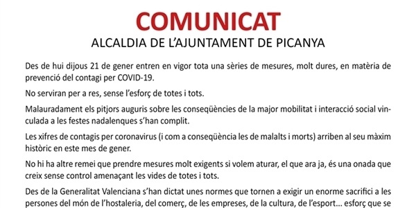 Comunicat de l'Alcaldia de l'Ajuntament de Picanya