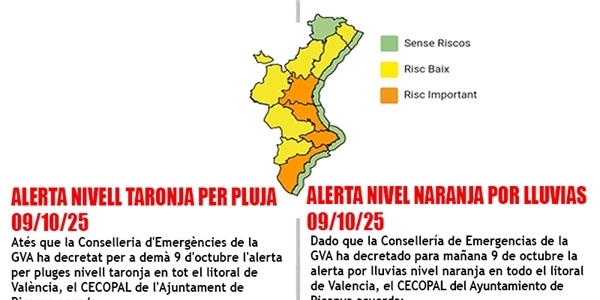 La Conselleria d'Emergències de la Generalitat valenciana declara l'alerta nivell taronja.