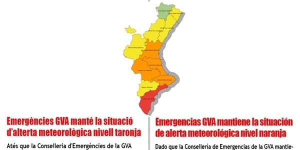 La Conselleria d'Emergències manté l'alerta meteorològica nivell taronja